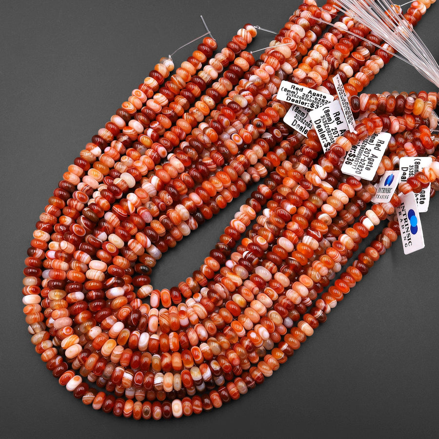 Natural Red Agate 8mm Rondelle Beads Amazing Veins Bands Bands 15.5" Strand