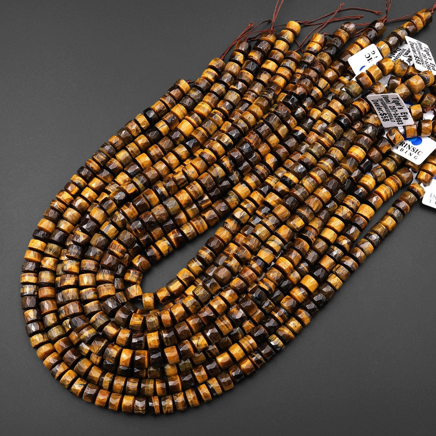 Faceted Natural Tiger's Eye 8mm Heishi Wheel Rondelle Beads 15.5" Strand