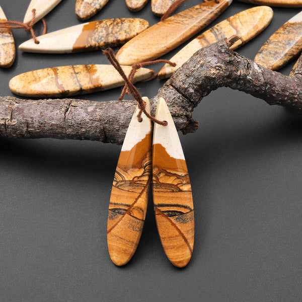 Natural Desert Picture Jasper Earring Pair Drilled Matched Natural Gemstone Bead Teardrop Pair A4