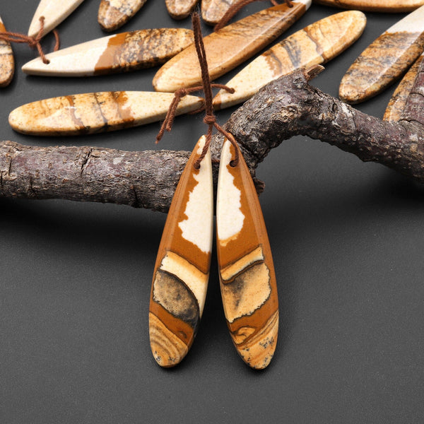 Natural Desert Picture Jasper Earring Pair Drilled Matched Natural Gemstone Bead Teardrop Pair A8