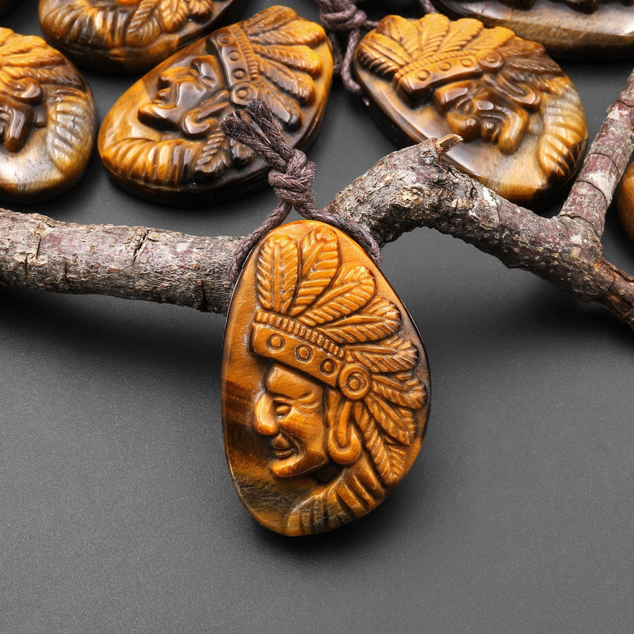 AAA Hand Carved Natural Tiger's Eye Native American Indian Face Pendant Side Drilled Gemstone Focal Bead