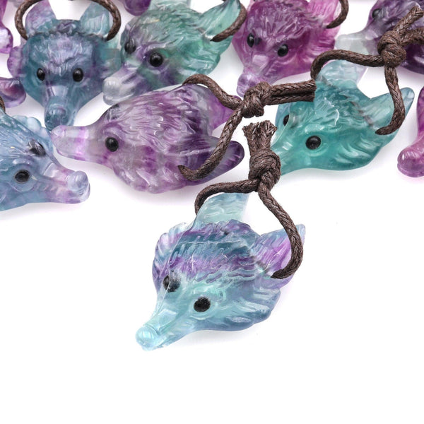 Natural Rainbow Fluorite Gemstone Wolf Head Side Drilled Crystal Pendant Bead A2