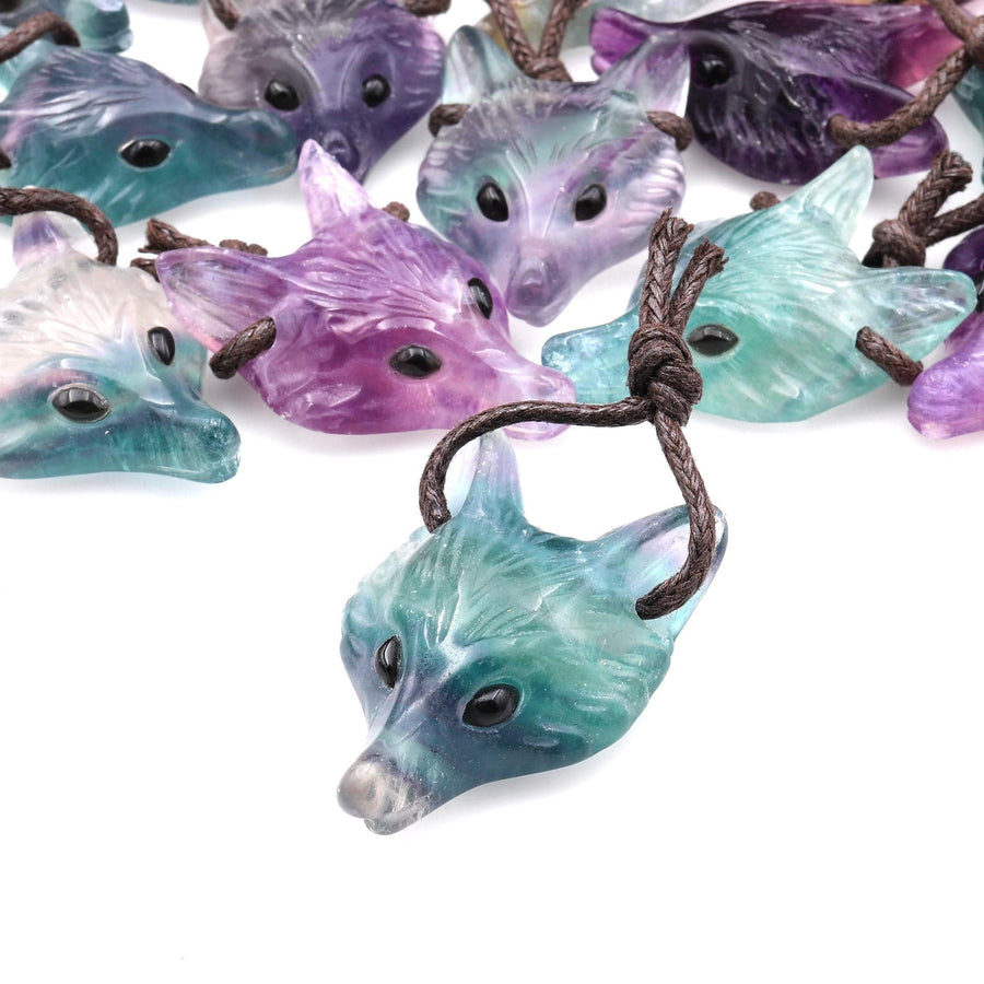 Natural Rainbow Fluorite Gemstone Wolf Head Side Drilled Crystal Pendant Bead A22