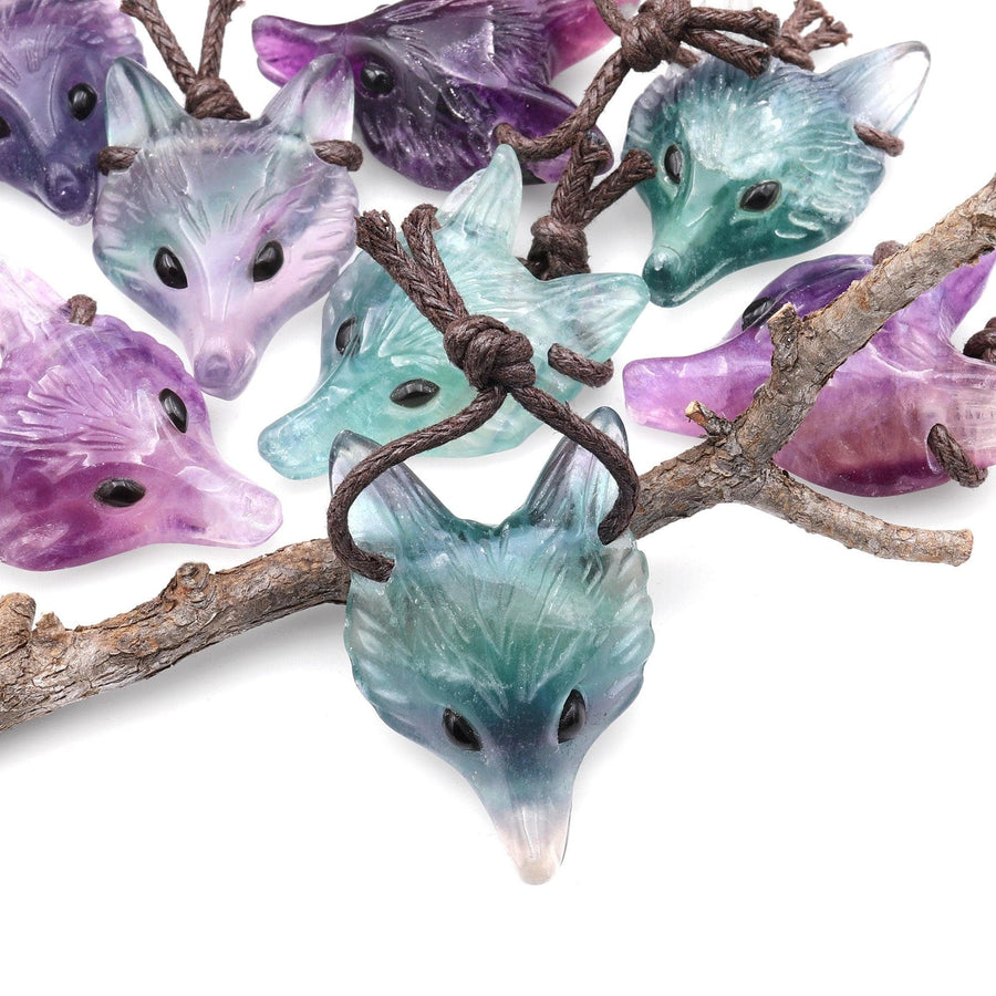 Natural Rainbow Fluorite Gemstone Wolf Head Side Drilled Crystal Pendant Bead A22