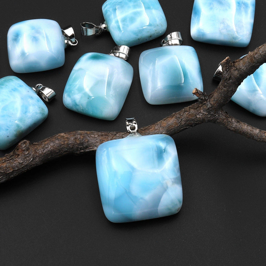 Natural Blue Larimar Square Pendant Genuine Real Genuine Larimar Gemstone