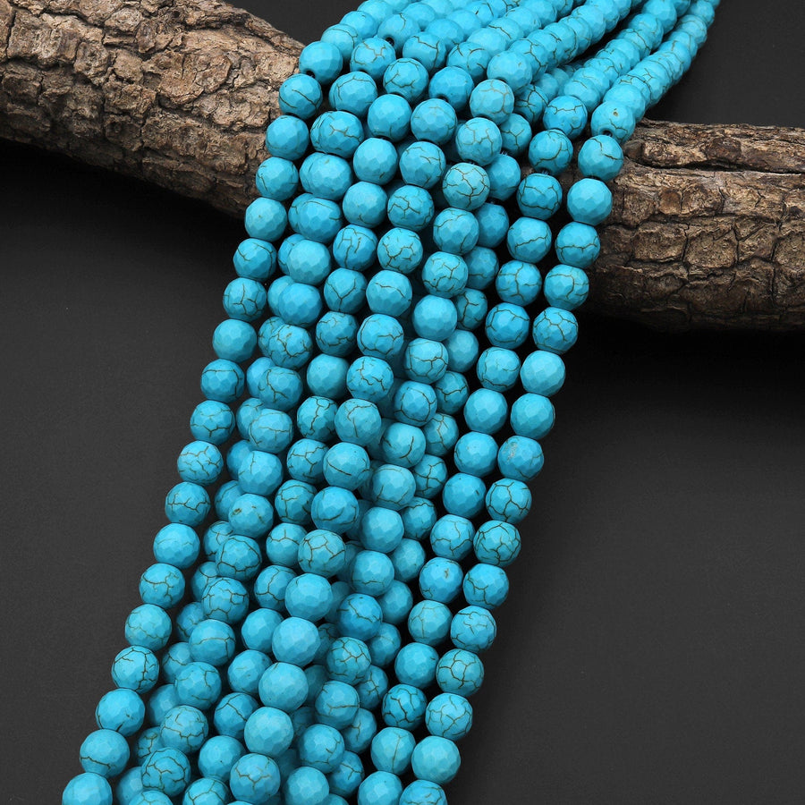 Turquoise Howlite Faceted 8mm Round Stunning Sleeping Beauty Blue Color 15.5" Strand