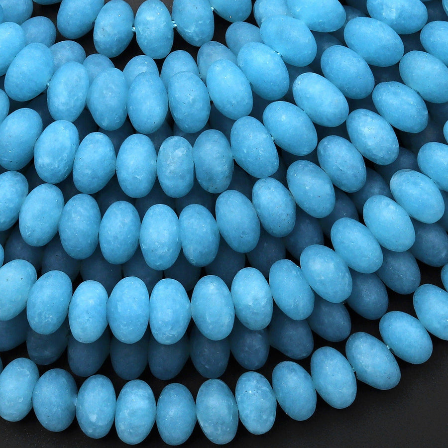 Matte Blue Aqua Stone "Aquamarine" Smooth Rondelle Beads 6mm 8mm 10mm 15.5" Strand