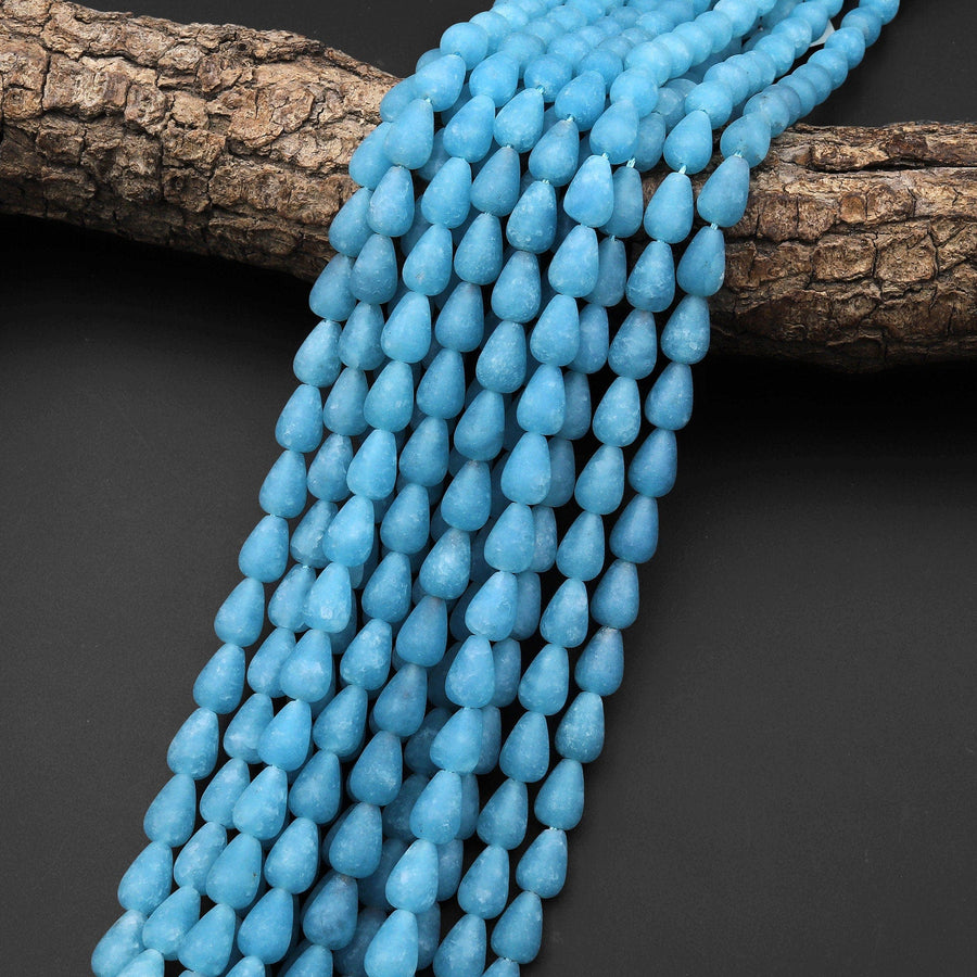 Matte Blue Aqua Stone "Aquamarine" Smooth Teardrop Beads Vertically Drilled Good for Earrings 10x7mm 15.5" Strand