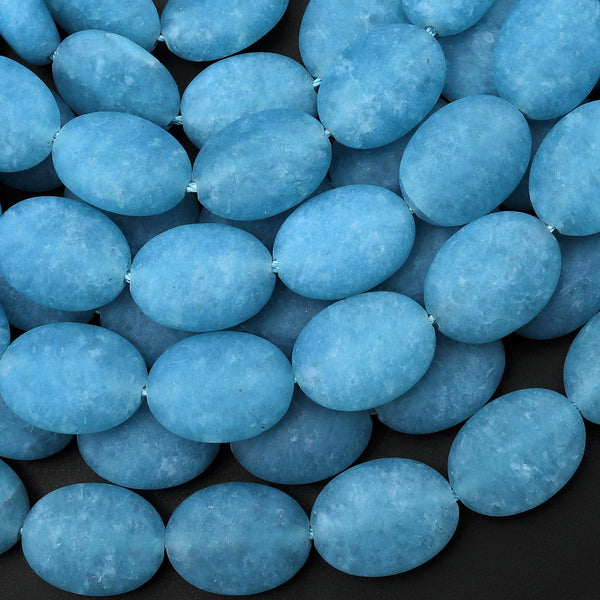 Matte Blue Aqua Stone "Aquamarine" Smooth Oval Beads 15.5" Strand