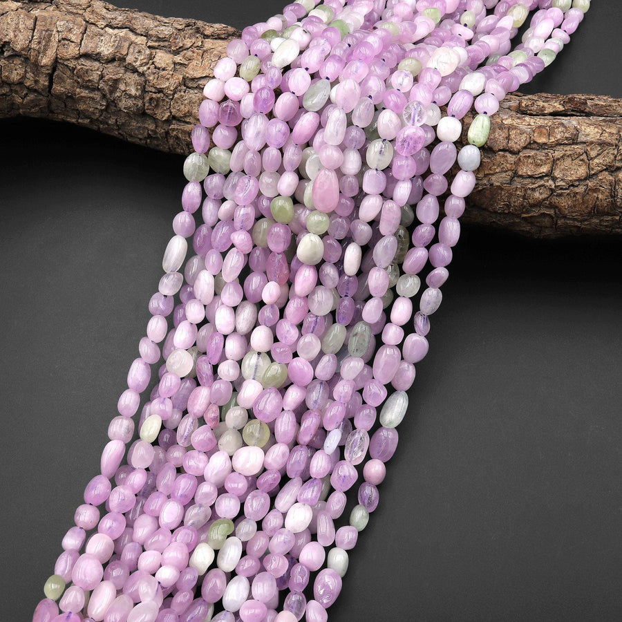 Gemmy Delicious Natural Green Violet Pink Kunzite Freeform Pebble Nugget Beads 15.5" Strand