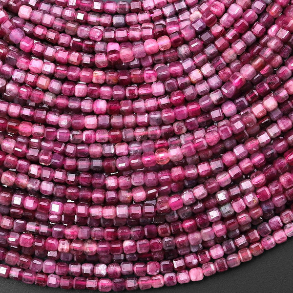 Faceted Natural Red Fuchsia Pink Rubellite Tourmaline 2mm 3mm Cube Beads Gemstone 15.5" Strand