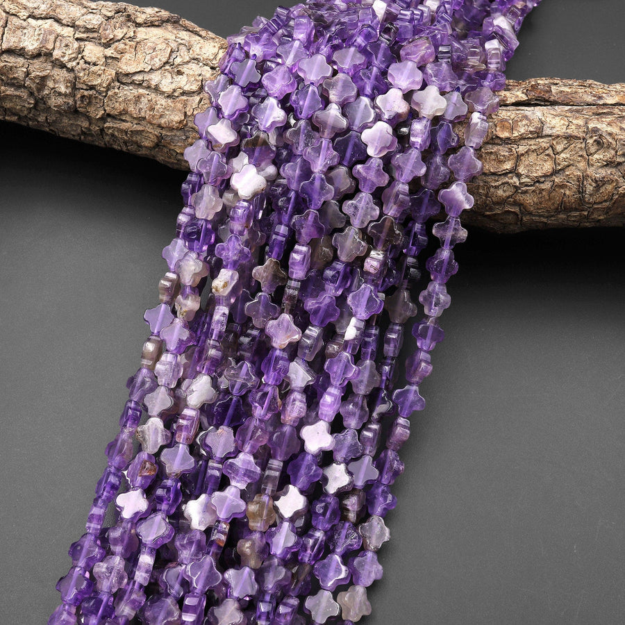 4 Four Leaf Clover Beads Natural Purple Amethyst 8mm Hand Carved Flower Gemstone 15.5" Strand