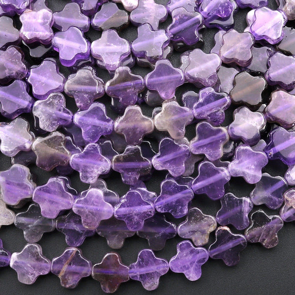 4 Four Leaf Clover Beads Natural Purple Amethyst 8mm Hand Carved Flower Gemstone 15.5" Strand