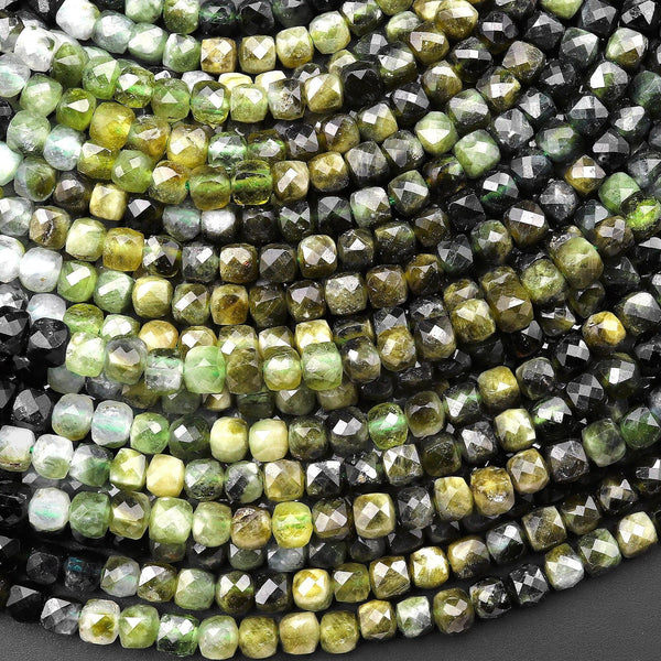 Natural Green Tourmaline Faceted 3mm 4mm Cube Beads Gemstone 15.5" Strand