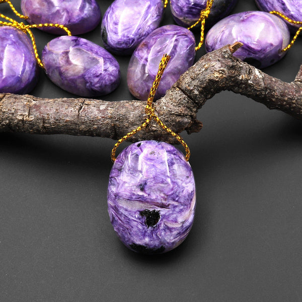 Natural Purple Charorite Pendant Side Drilled Oval Genuine Russian Gemstone A4