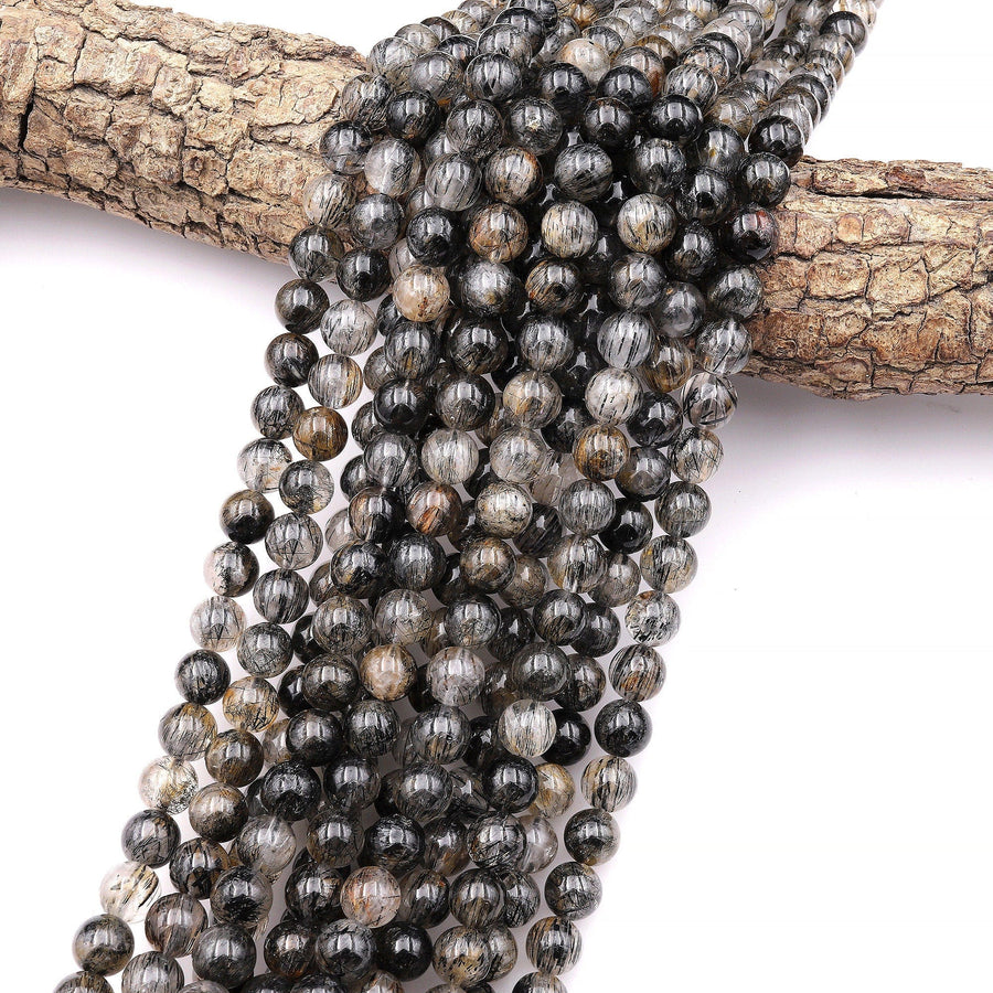 AAA Natural Black Tourmaline Rutile Quartz w/ Golden Yellow Copper Inclusion Round Beads 8mm 10mm 12mm Gemstone 15.5" Strand