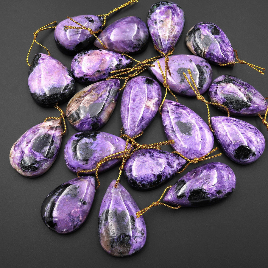 Natural Purple Charorite Black Aegirine Pendant Side Drilled Teardrop Genuine Russian Gemstone