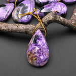 Natural Purple Charorite Black Aegirine Pendant Side Drilled Teardrop Genuine Russian Gemstone