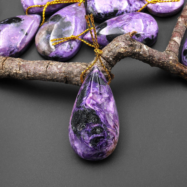Natural Purple Charorite Black Aegirine Pendant Side Drilled Teardrop Genuine Russian Gemstone A2