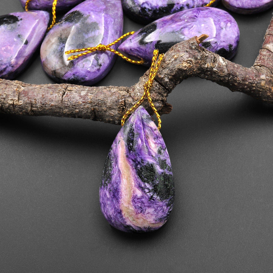 Natural Purple Charorite Black Aegirine Pendant Side Drilled Teardrop Genuine Russian Gemstone A3