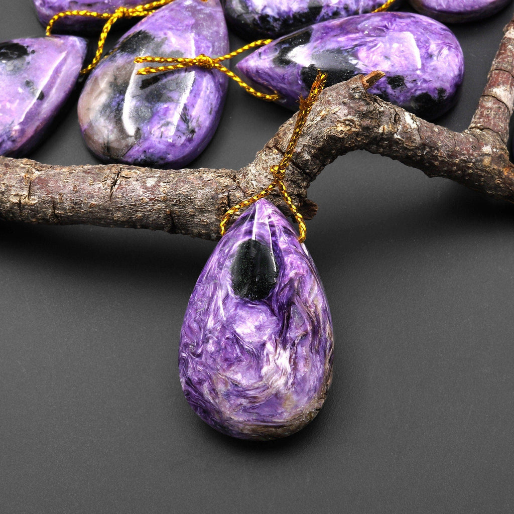 Natural Purple Charorite Black Aegirine Pendant Side Drilled Teardrop Genuine Russian Gemstone A4