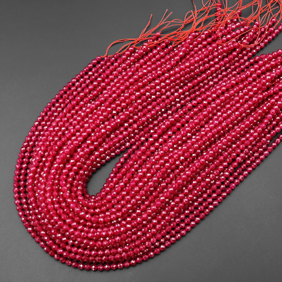 Faceted Lab-grown Red Ruby 2mm 3mm 4mm Round Gemstone Beads 15.5" Strand