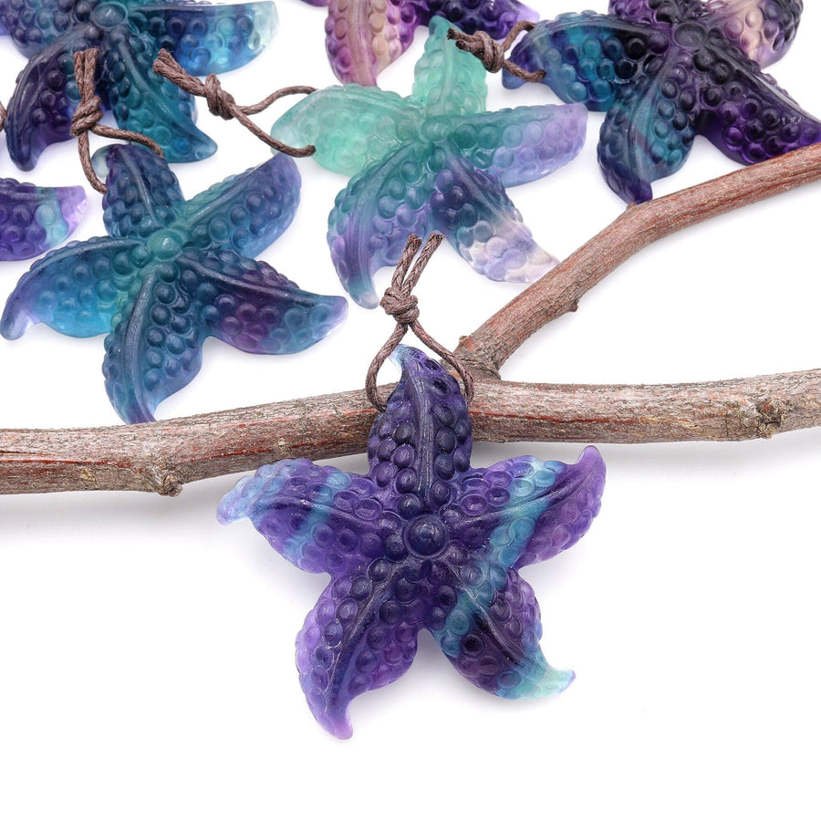 Hand Carved Natural Fluorite Starfish Gemstone Pendant A1