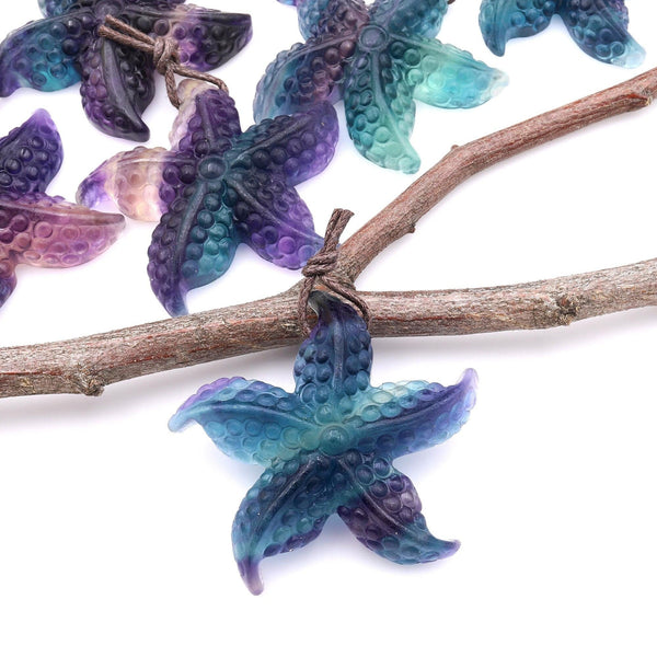 Hand Carved Natural Fluorite Starfish Gemstone Pendant A5