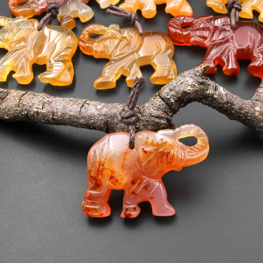 Hand-Carved Natural Red Golden Brown Carnelian Agate Elephant Pendant