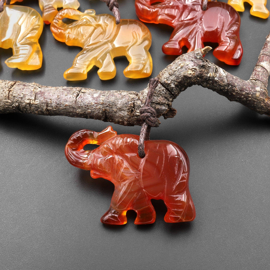 Hand-Carved Natural Red Golden Brown Carnelian Agate Elephant Pendant