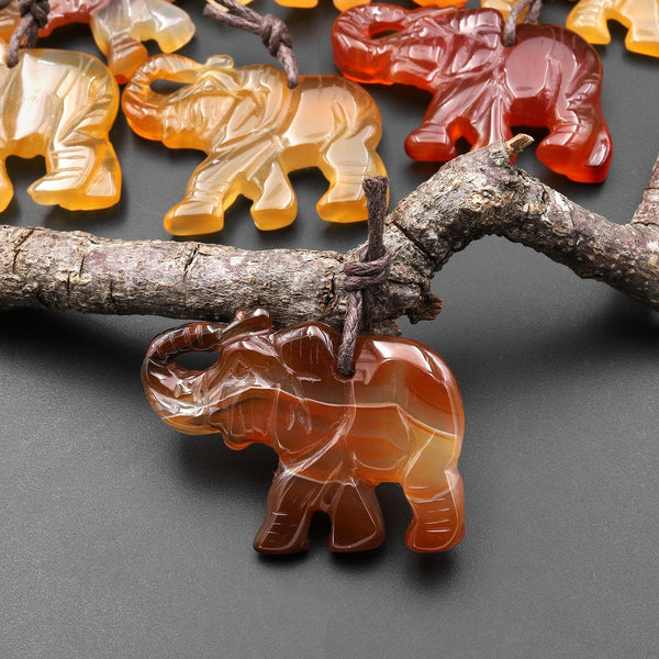 Hand-Carved Natural Red Brown Carnelian Agate Elephant Pendant A3