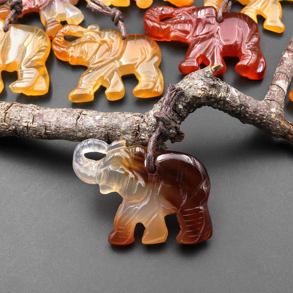 Hand-Carved Natural Red Brown Carnelian Agate Elephant Pendant A5