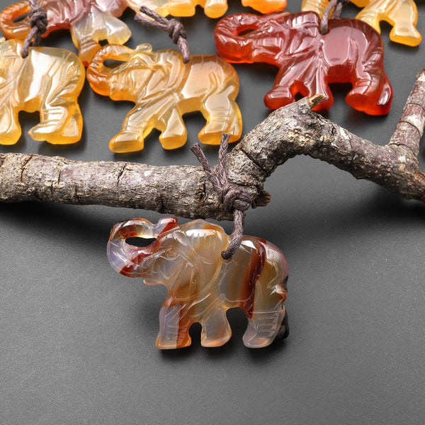 Hand-Carved Natural Red Brown Carnelian Agate Elephant Pendant A6