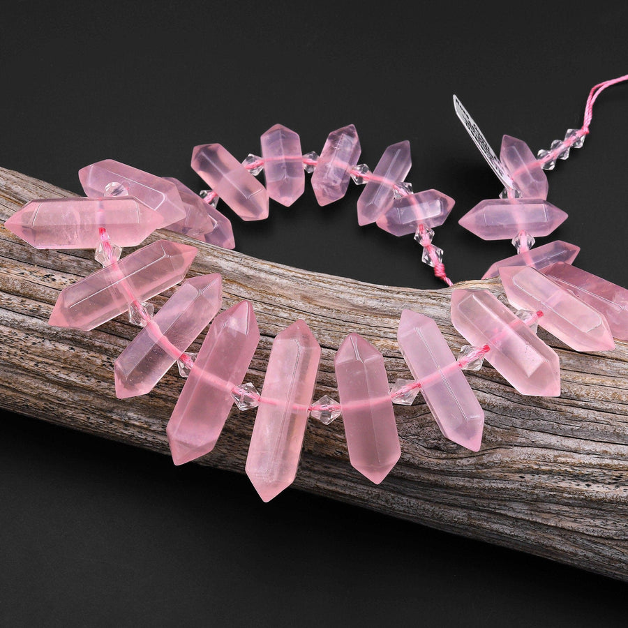 AAA Natural Pink Rose Quartz Faceted Double Terminated Points Center Drilled Focal Pendant Beads 15" Strand