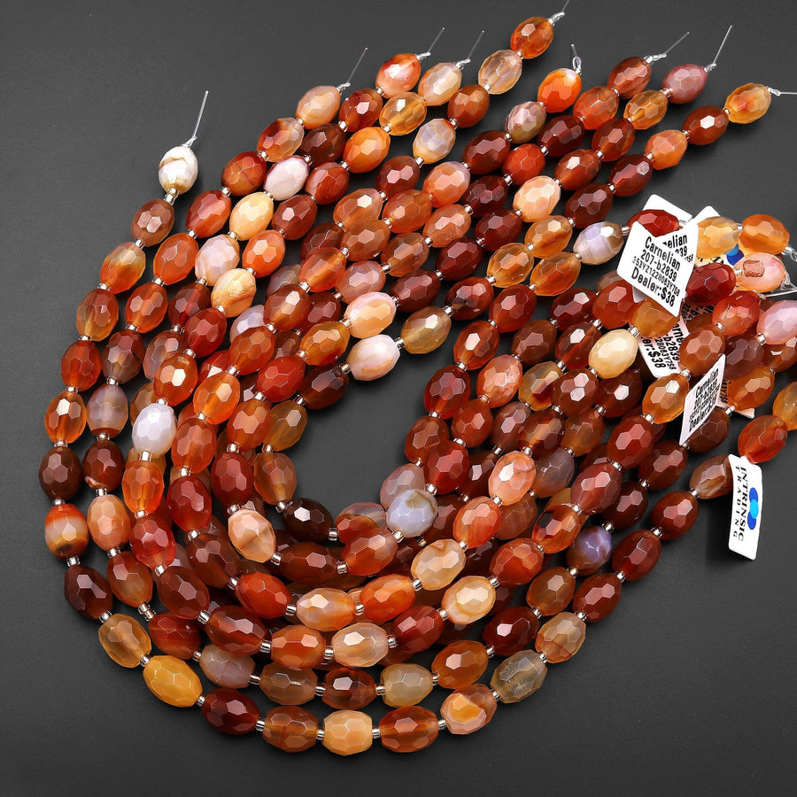 Natural Carnelian Faceted Oval Barrel Nugget Beads 15" Strand