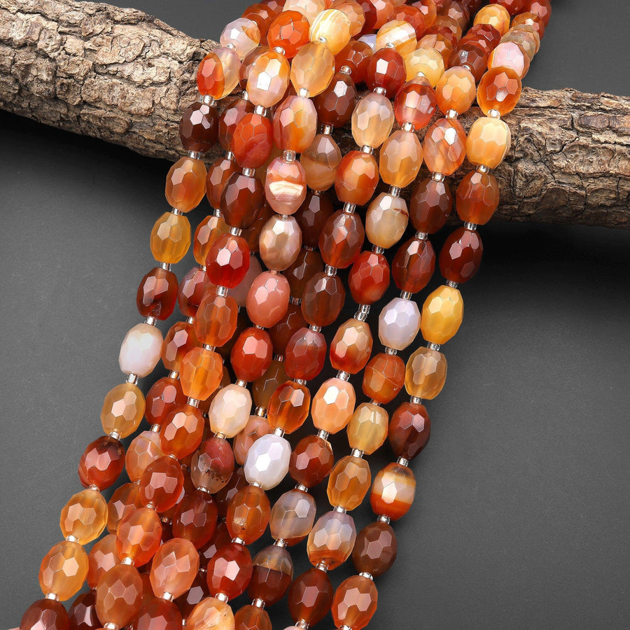 Natural Carnelian Faceted Oval Barrel Nugget Beads 15" Strand