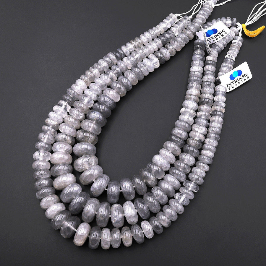 Large Graduated Natural Stormy Grey Cloudy Quartz Rondelle Beads 8mm 18mm 16" Strand