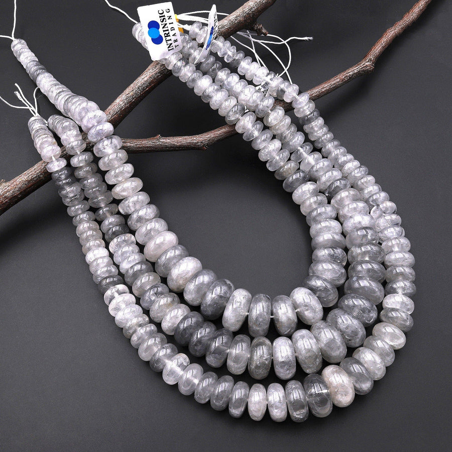 Large Graduated Natural Stormy Grey Cloudy Quartz Rondelle Beads 8mm 18mm 16" Strand