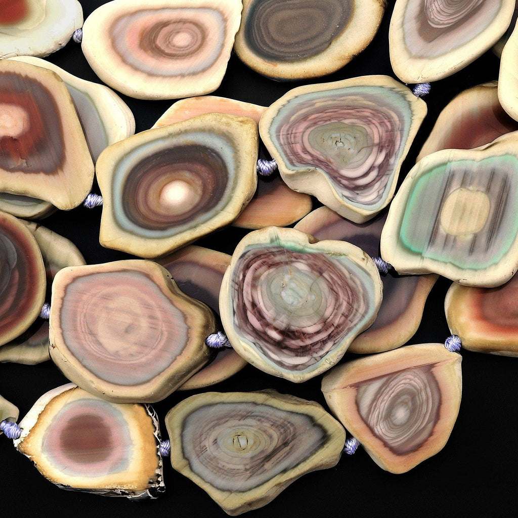 Rare Natural Mexican Imperial Jasper Beads Freeform Nodule Flat Slice Colorful Red Pink Green Mauve Blue Multicolor 15.5" Strand