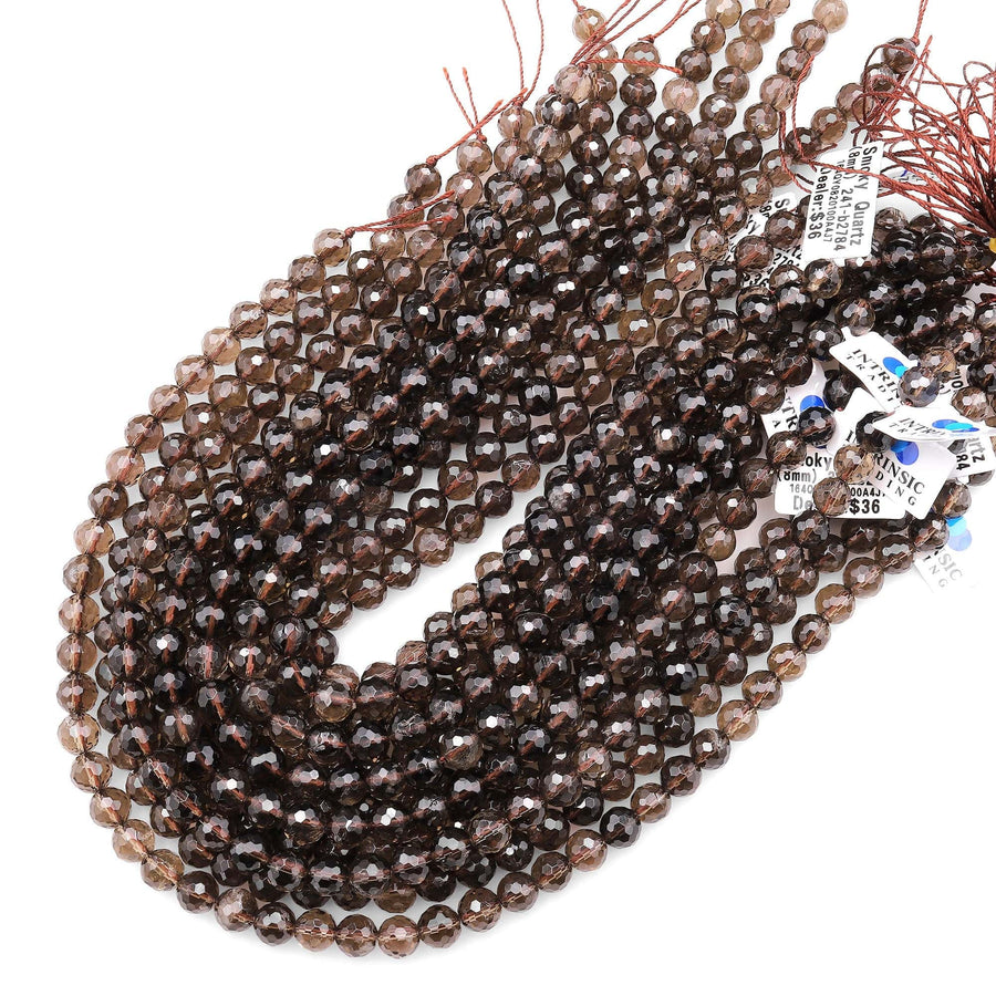 Faceted Natural Smoky Quartz Round Beads 8mm Gemstone 15" Strand