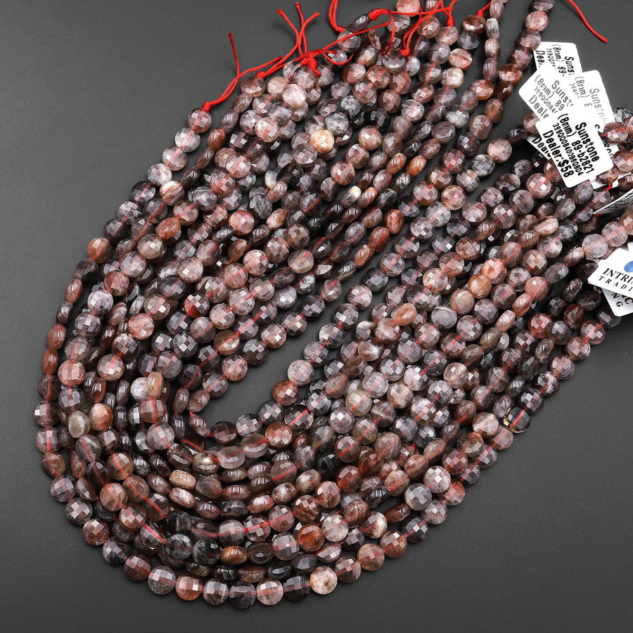 Rare Natural Red Black Sunstone Faceted 8mm 10mm Coin Beads 15.5" Strand