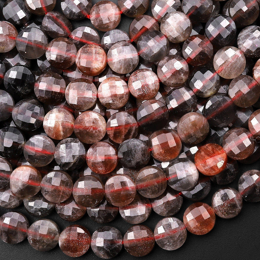 Rare Natural Red Black Sunstone Faceted 8mm 10mm Coin Beads 15.5" Strand