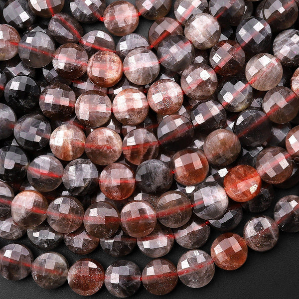 Rare Natural Red Black Sunstone Faceted 8mm 10mm Coin Beads 15.5" Strand