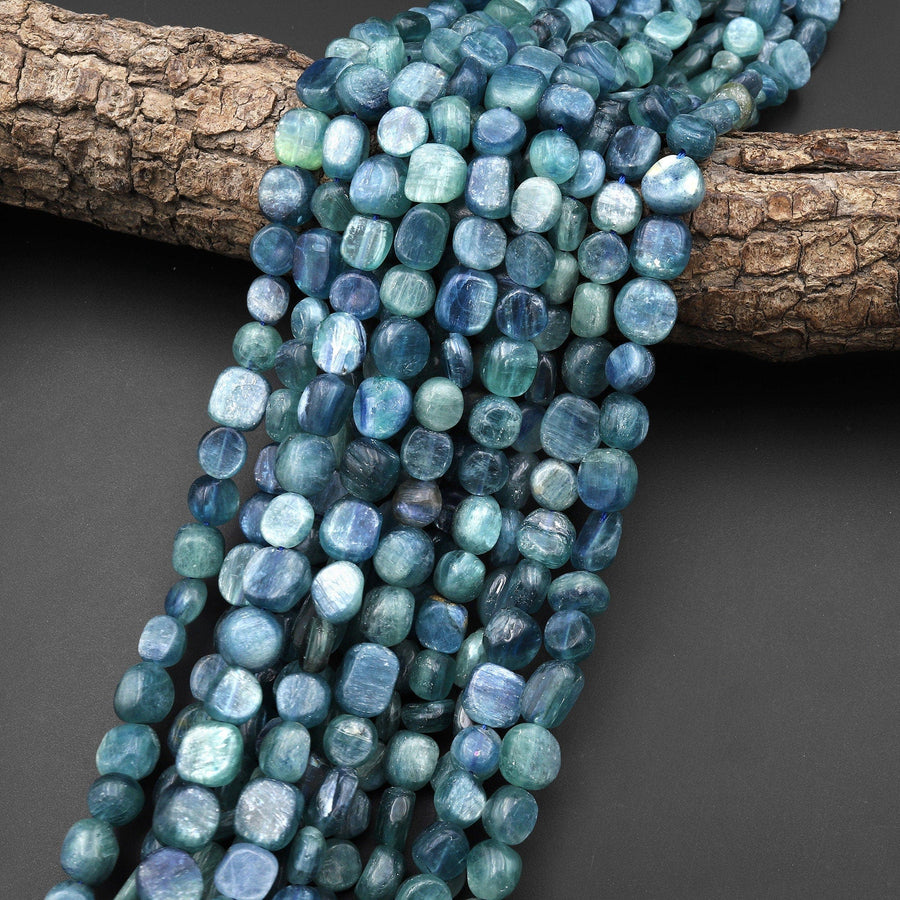Natural Bicolor Blue Green Kyanite Freeform 8mm Coin Pebble Nugget Beads 15.5" Strand