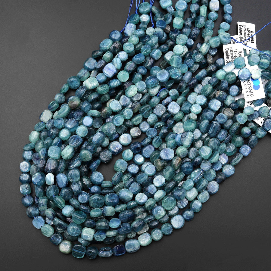 Natural Bicolor Blue Green Kyanite Freeform 8mm Coin Pebble Nugget Beads 15.5" Strand