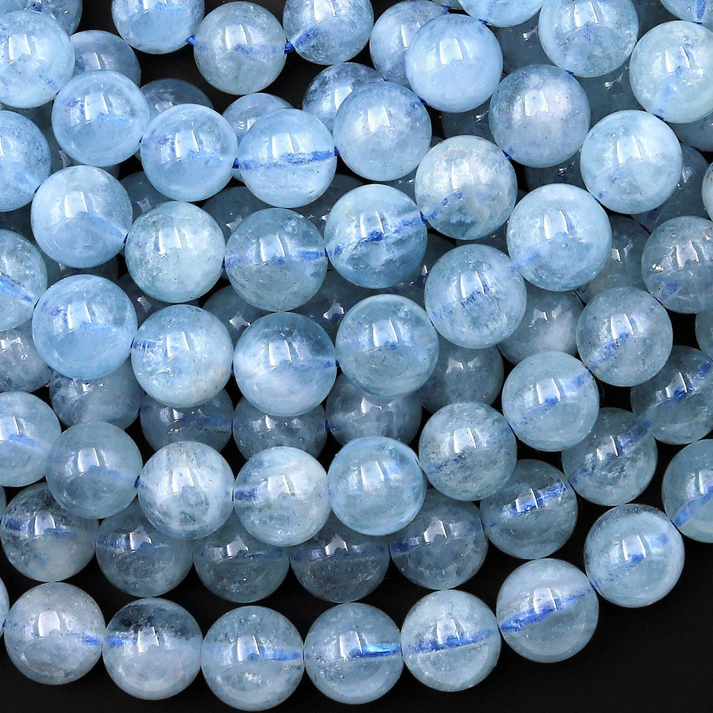 Translucent Natural Blue Aquamarine 3mm 4mm 6mm 8mm 10mm Smooth Round Beads Real Genuine Gemstone Birthstone 15.5" Strand