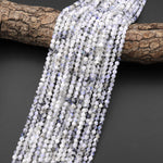 Faceted Natural Rainbow Moonstone W/ Black Tourmaline Matrix 2mm 4mm Round Beads Interesting Blue Fires 15.5" Strand