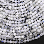 Faceted Natural Rainbow Moonstone W/ Black Tourmaline Matrix 2mm 4mm Round Beads Interesting Blue Fires 15.5" Strand
