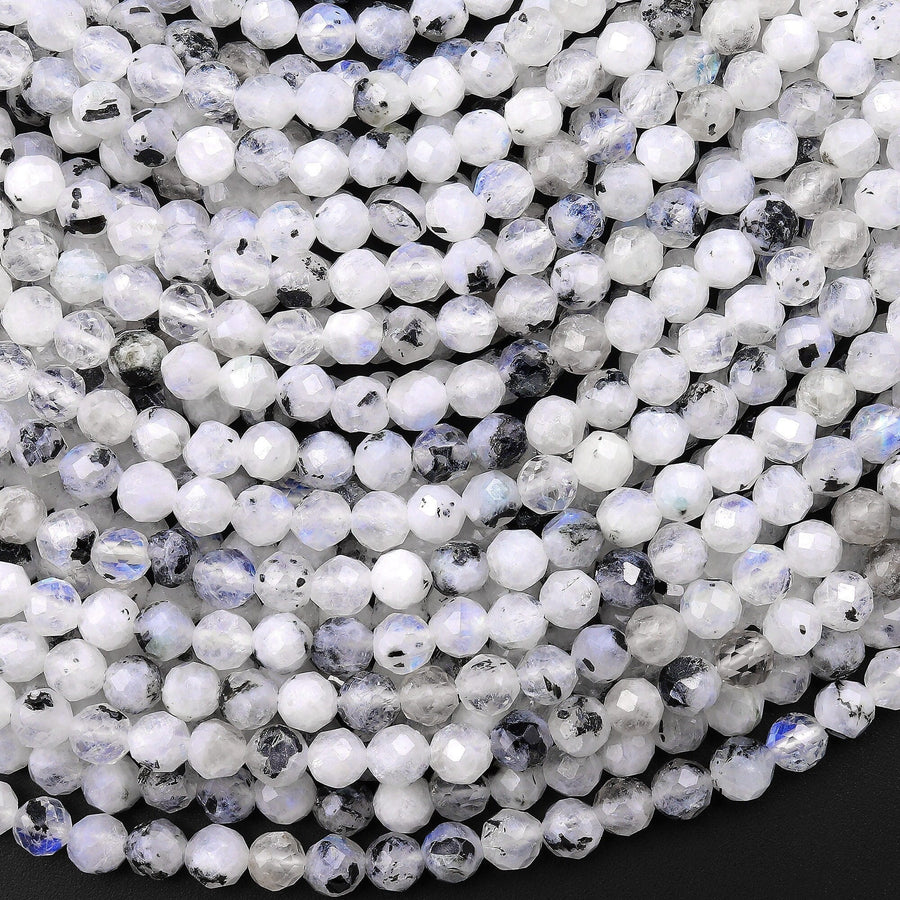 Faceted Natural Rainbow Moonstone W/ Black Tourmaline Matrix 2mm 4mm Round Beads Interesting Blue Fires 15.5" Strand