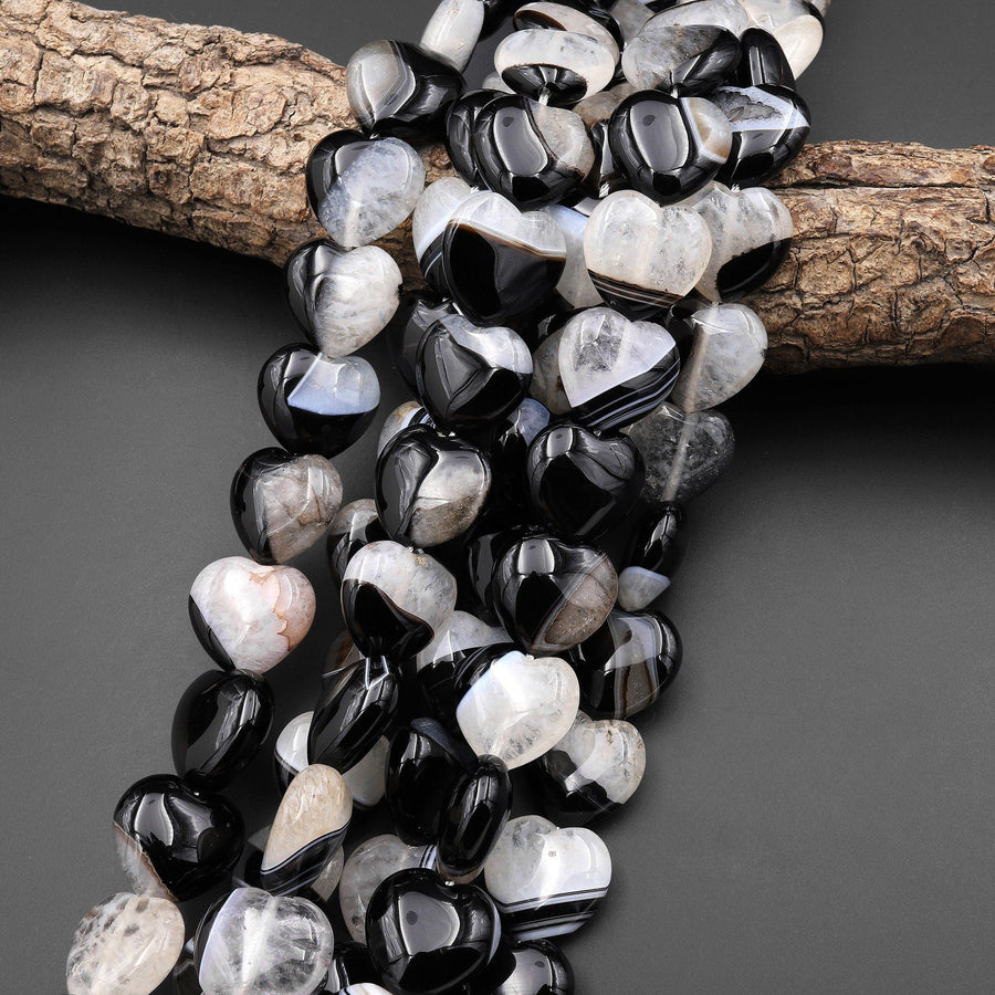 Natural Black Tuxedo Agate Smooth Heart Beads W/ White Quartz Matrix 15.5" Strand